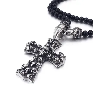Punk Skull Cross Pendant Necklace Made Of 316L Stainless Steel And Black Glass Beads Gothic Vintage Jewelry For Men