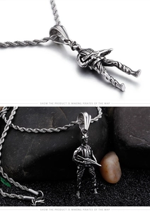 Close-up of vintage silver soldier pendant on thick braided chain with tactical details