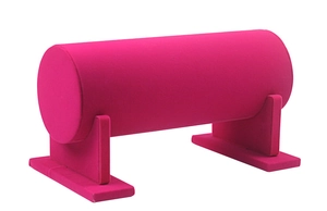 Detail view of pink velvet single tier cylinder headband and bracelet display stand