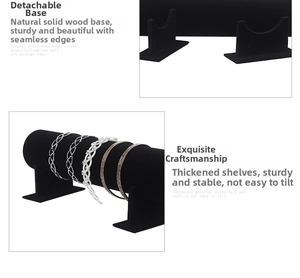 Detail of detachable wooden base and black velvet finish on the headband display stand