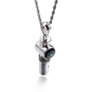 Polished stainless steel necklace featuring a whistle pendant with a built-in compass