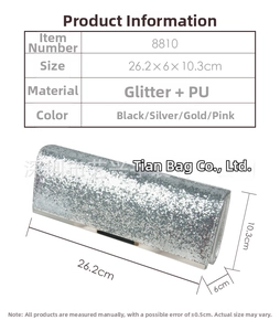 Detailed size specifications for the silver glitter evening clutch bag measuring 26x6x10cm