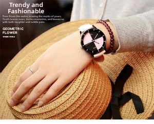 Fashionable quartz watch for women with geometric flower dial and white leather strap