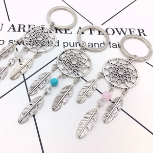 Three silver dreamcatcher keychains with colorful beads and hanging metal feathers