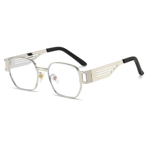 Retro punk square silver metal frame sunglasses with unique cutout design temples