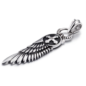 Men's titanium steel necklace featuring a single wing pendant with a stone-set cross