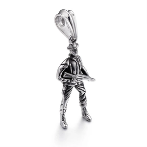 Polished titanium steel soldier pendant necklace with rifle on a white background
