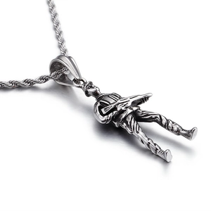 Titanium steel soldier pendant necklace with textured finish on a twisted rope chain