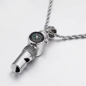 Compass Whistle Pendant Necklace Stainless Steel Outdoor Survival Jewelry Retro Punk Style For Men Women Silver Color