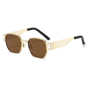 Vintage punk metal sunglasses with gold square frames and brown UV400 lenses for men and women