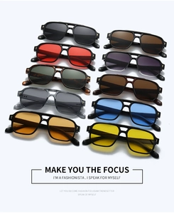 Detailed grid of fashion double-bridge sunglasses in various vibrant colored lenses
