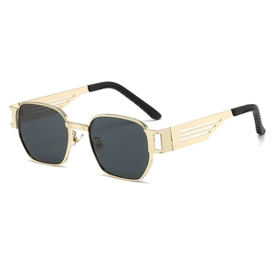 Retro punk square sunglasses with gold metal frame and dark grey polygonal lenses