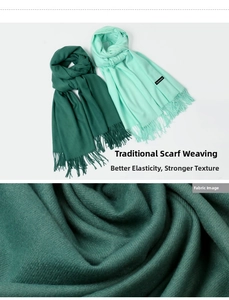 Close-up of soft cashmere scarf texture with tassels in dark green and mint colors