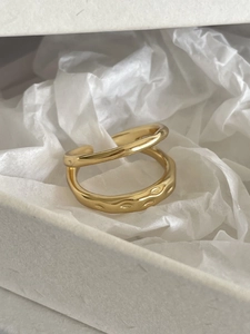 Detailed close-up of a double-layered golden S925 silver ring with irregular hammered texture