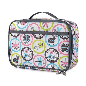 Close-up of insect and flower print lunch bag with sturdy top handle and dual metal zippers