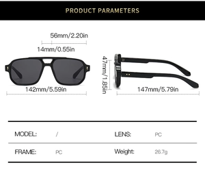 Detailed view of square aviator sunglasses with double bridge and gold bolt accent