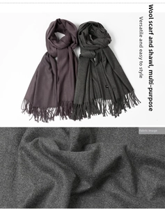 Close-up of dense wool fabric texture and fine tassels on solid color scarves