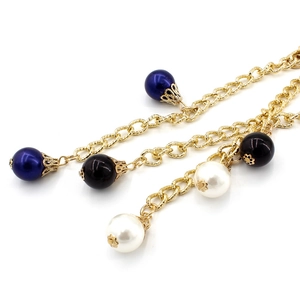 Golden multi-layer metal chain belt with purple, black and white pearl pendants