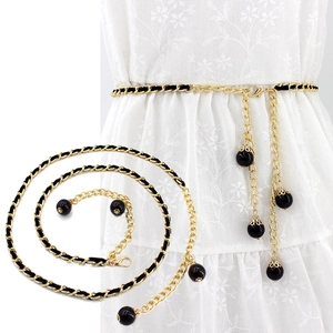 Elegant Women Chain Belt Alloy Metal Interwoven Synthetic Leather Adjustable Hook Waist Accessory With Bead Charms