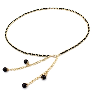 Elegant gold metal chain belt with black leather strap and round bead charms for dresses