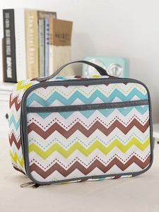 Close-up of wavy pattern insulated lunch bag with top handles and dual metal zippers