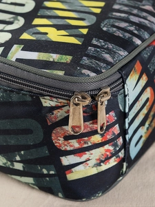Detail of high-quality camo oxford fabric with smooth dual zipper closure on lunch bag