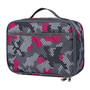 Detail of pink and grey pixel camo lunch bag with durable webbing handle and zippers