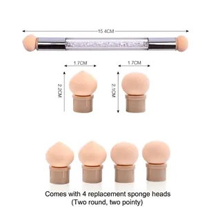 Pinceau éponge nail art à double extrémité avec manche en strass et têtes de rechange