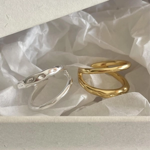Minimalist S925 sterling silver irregular double-layered open rings with hammered texture