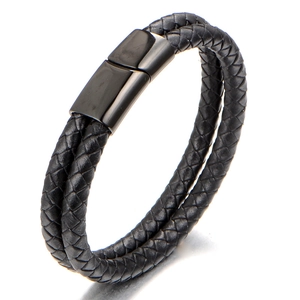 Bracelet Tressé Double Couche Minimaliste pour Hommes Fermoir Magnétique en Acier Inoxydable Cordon en Cuir Artificiel Bijoux