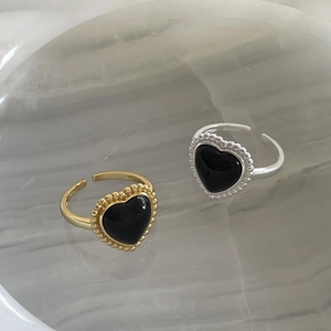 Bagues ajustables cœur en argent S925 doré et argenté avec incrustation d'agate noire
