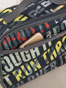 Detail shot of camo thermal lunch bag showing side zipper pocket with a gold smartphone