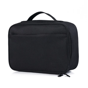 Detail of durable black oxford fabric texture and double zipper on the square lunch bag