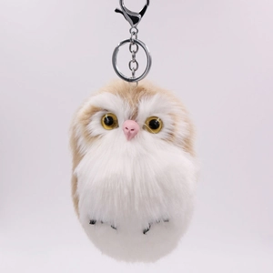 Cute beige and white faux fur owl keychain with silver lobster clasp and metal ring