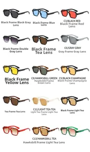 Detailed grid showing fifteen color variants of retro square sunglasses with metal hinges