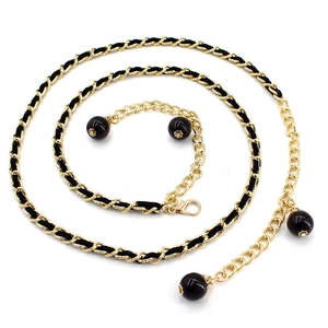 Fashionable gold metal and black fabric woven waist chain with pearl bead details