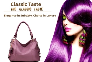 Detail of purple hobo handbag showing textured faux leather and stylish side fringe tassel