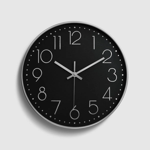 Modern 12 inch silent wall clock with black dial and 3D silver numerals for living room