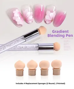 Pinceaux éponge à ongles double embout avec strass et quatre têtes d'éponge de rechange