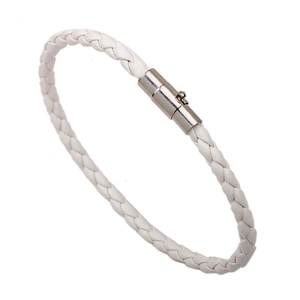 White braided leather snake-pattern bracelet with a silver magnetic clasp for women
