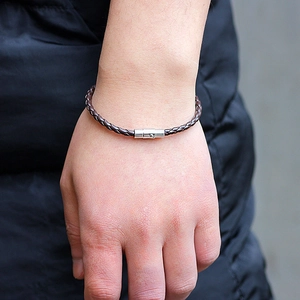 Brown braided leather bracelet with 4mm snake pattern and silver magnetic buckle