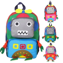 Detailed view of robot-shaped kids backpack with color-blocking design and four color options