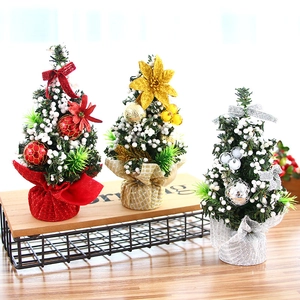 20cm mini Christmas trees in red, gold, and silver on a wooden tray for table decor