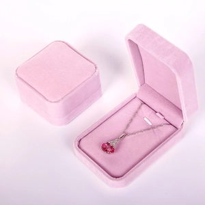 Elegant pink velvet jewelry gift box for necklaces shown in open and closed views