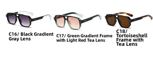 Detail view of square pilot sunglasses in black, green, and tortoiseshell frames