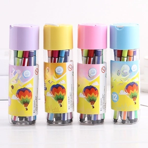 Colorful washable water color pen set detail showing 12 vibrant markers inside clear barrels.