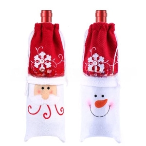 Close-up of Santa and Snowman wine bottle covers with drawstring for Christmas decor
