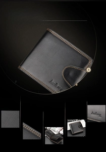 Detail of black short wallet with orange stitching and multi-card slots design