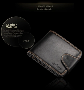 Close-up of black lychee grain leather wallet with orange stitching and Baellerry logo