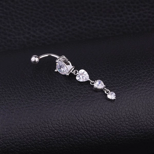 Silver stainless steel belly button ring with heart-shaped clear cubic zirconia pendants
